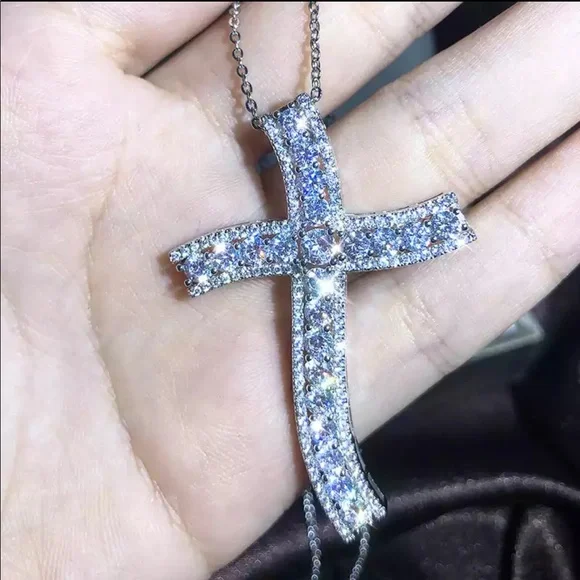New Men Women 925 Silver Big Diamond Pendant Cross Necklace - Picture 1 of 6